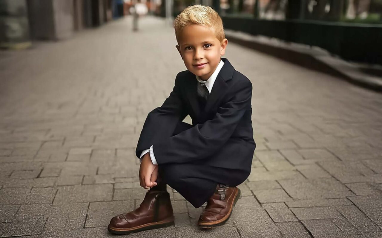 Boys’ formal suit in white and light gray displayed in a children’s boutique for christenings, communions, and weddings.